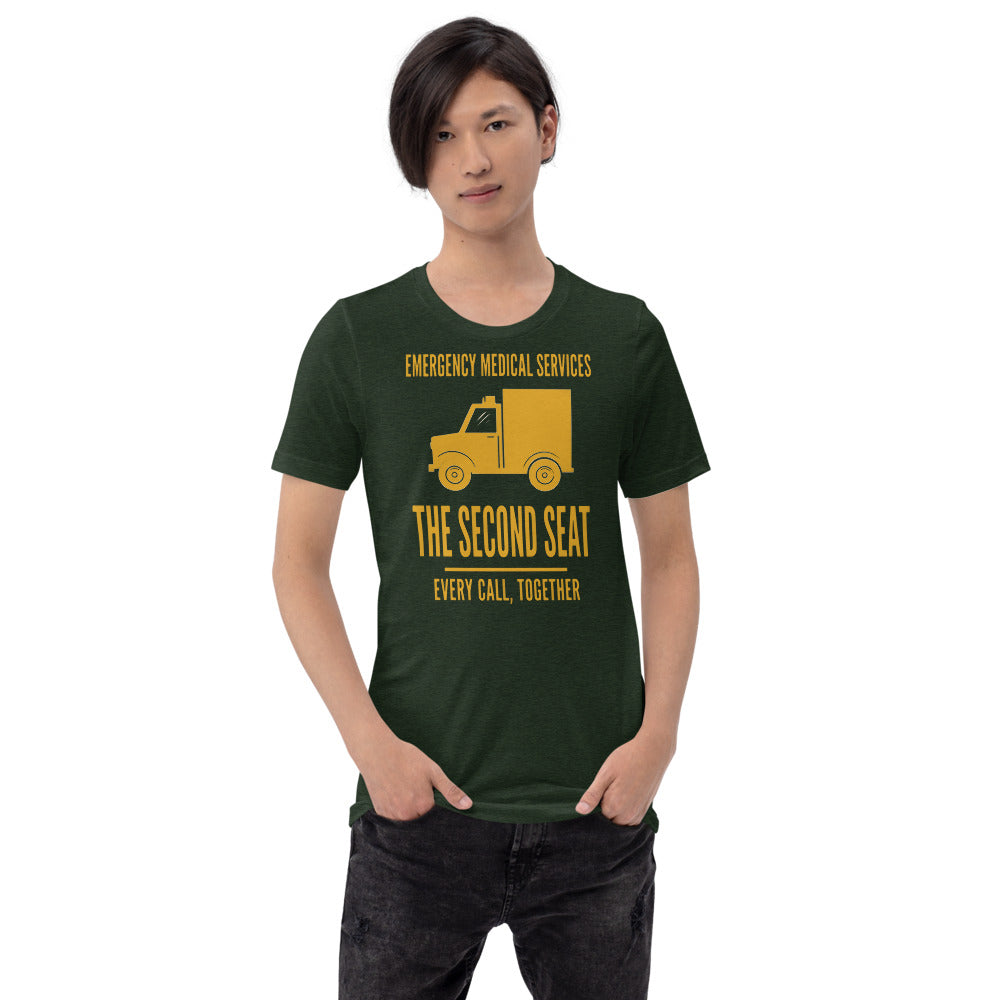 The Second Seat EMS paramedic tee — Heather Emerald, on model