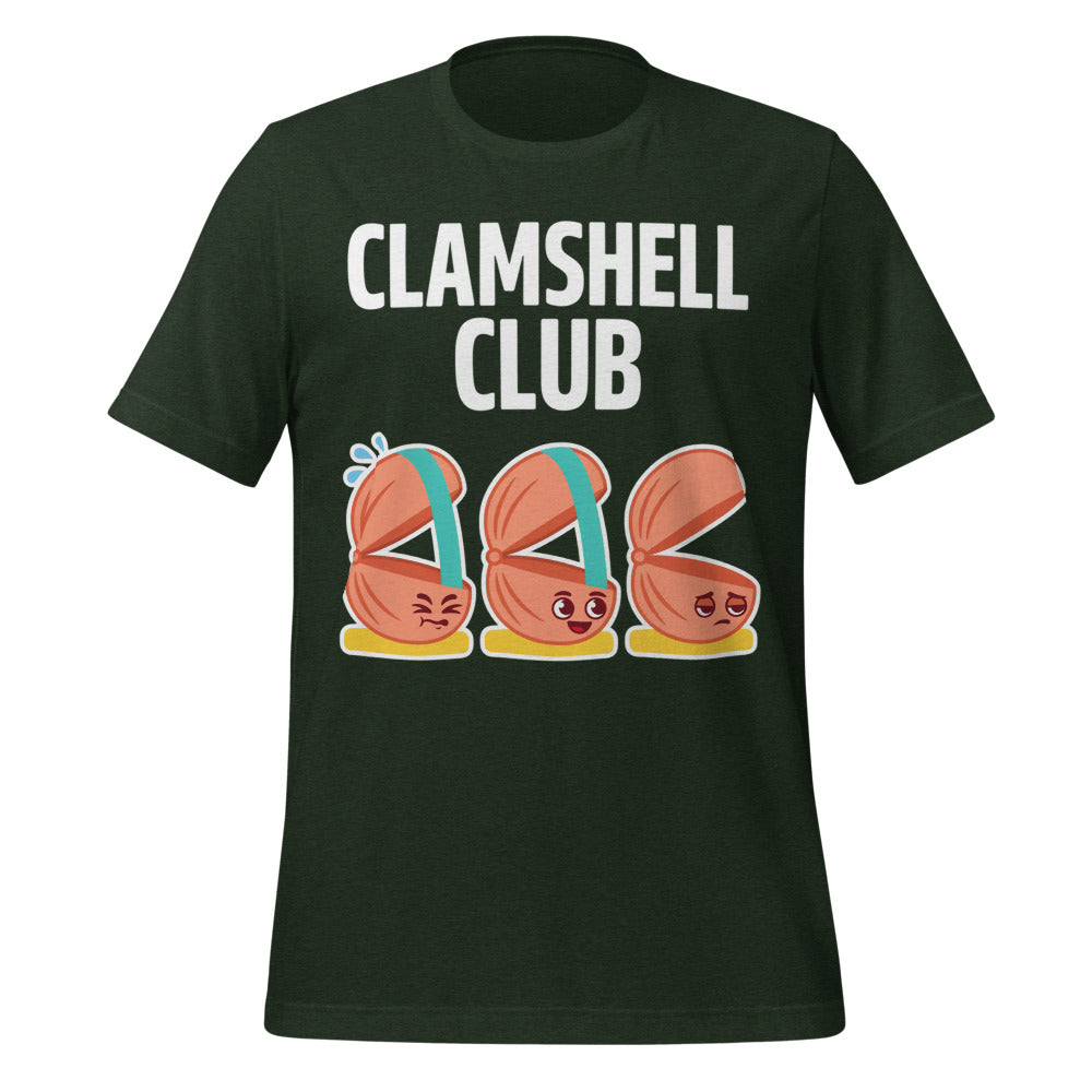 Clamshell Club funny physical therapy tee — Heather Emerald, front