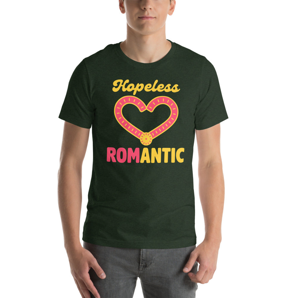 Hopeless ROMantic funny physical therapy tee — Heather Emerald, on model