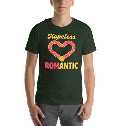 Hopeless ROMantic funny physical therapy tee — Heather Emerald, on model