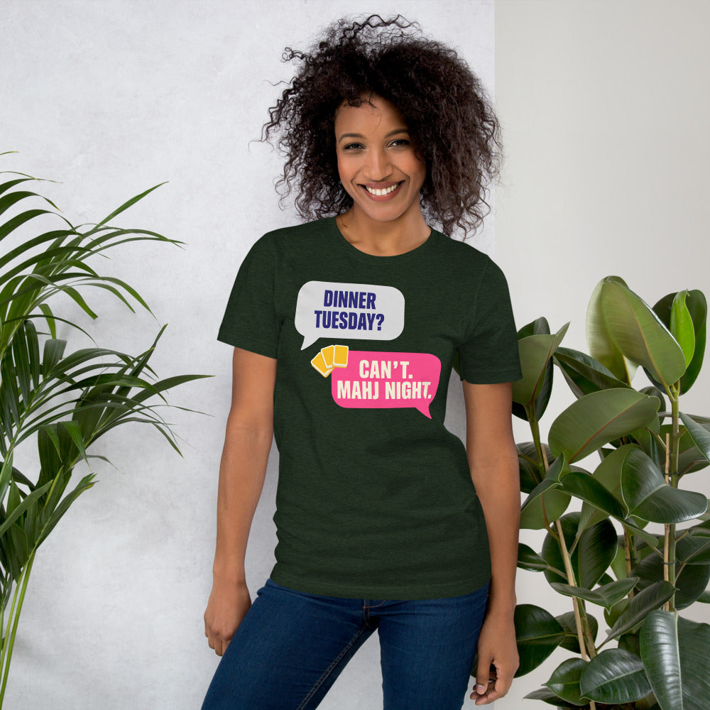 Mahj Night funny mahjong tee — Heather Emerald, on model
