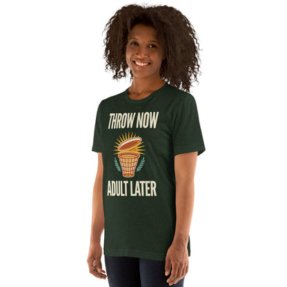 Throw Now Adult Later disc golf retro tee on model — Heather Emerald
