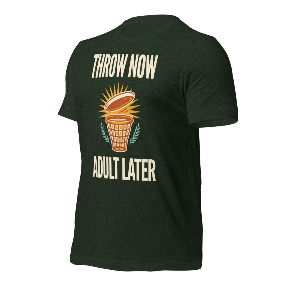 Funny disc golf shirt, Throw Now Adult Later disc golf retro tee — Heather Emerald, front-right
