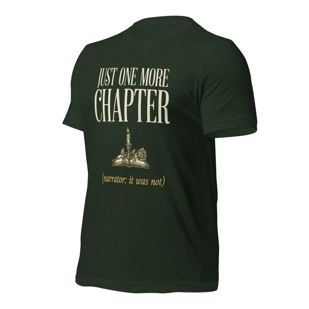 Just One More Chapter book lover dark academia tee — Heather Emerald, front right