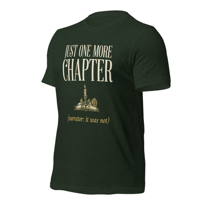 Just One More Chapter book lover dark academia tee — Heather Emerald, front right