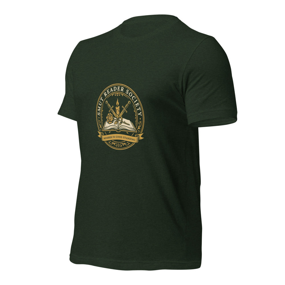 Smut Reader Society book lover dark academia tee — Heather Emerald, front-right