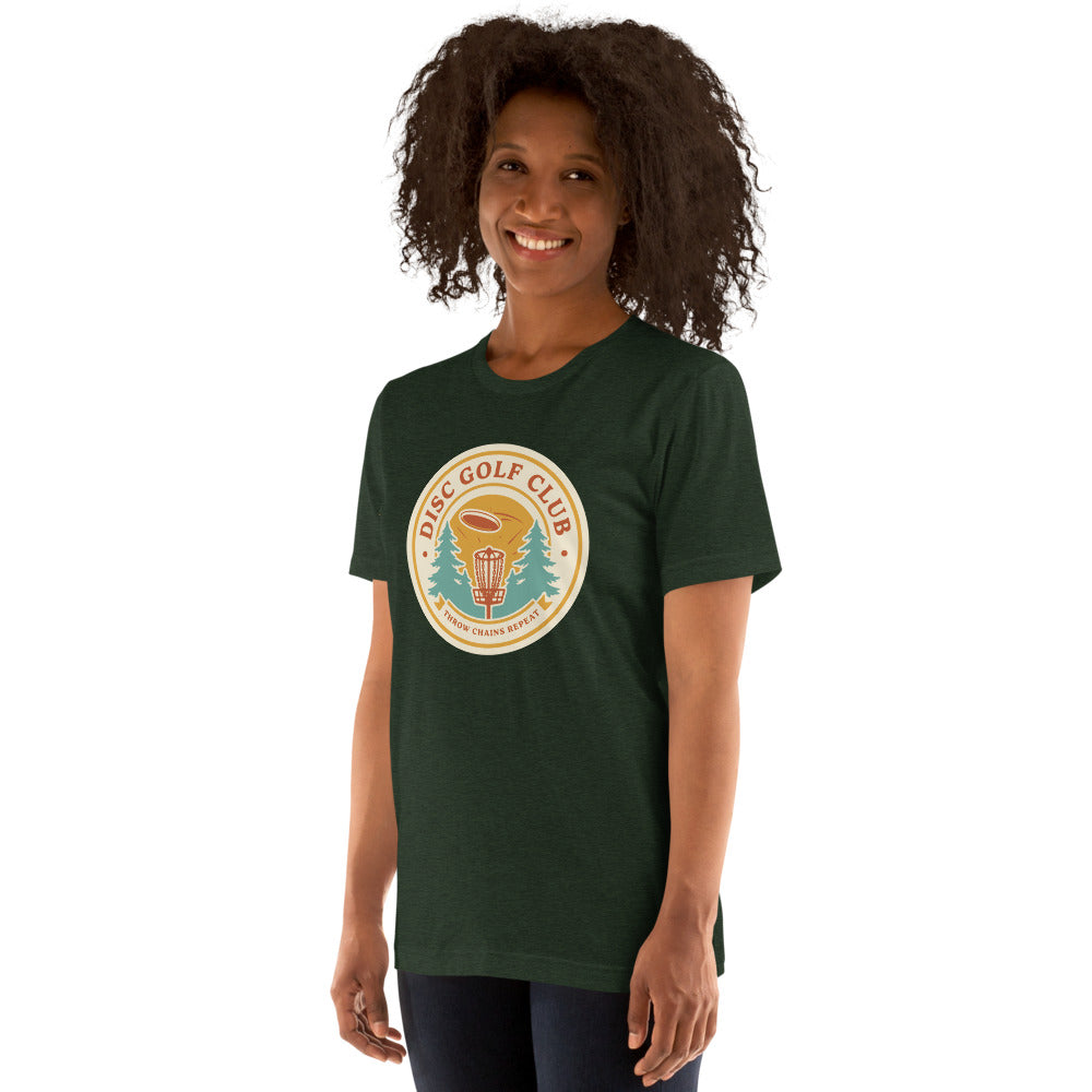 Disc Golf Club retro badge tee — Heather Emerald, on model