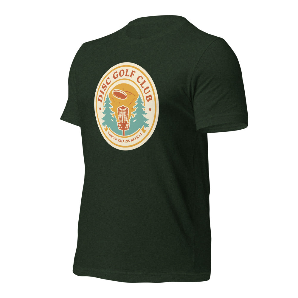 Disc Golf Club retro badge tee — Heather Emerald, front-right