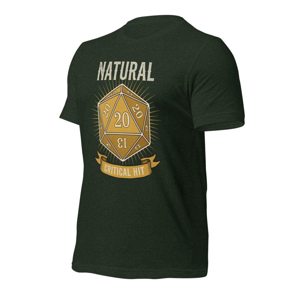 Natural 20 critical hit d20 tabletop RPG tee — Heather Emerald, front-right