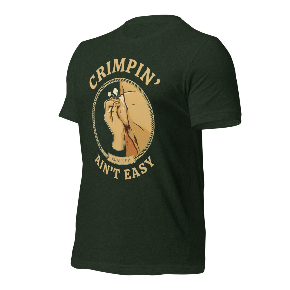 Crimpin' Ain't Easy bouldering badge t-shirt — Heather Emerald, front-right