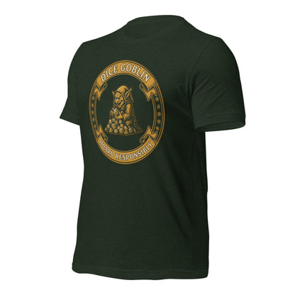 Dice Goblin Hoard Responsibly tabletop RPG tee — Heather Emerald, front-right