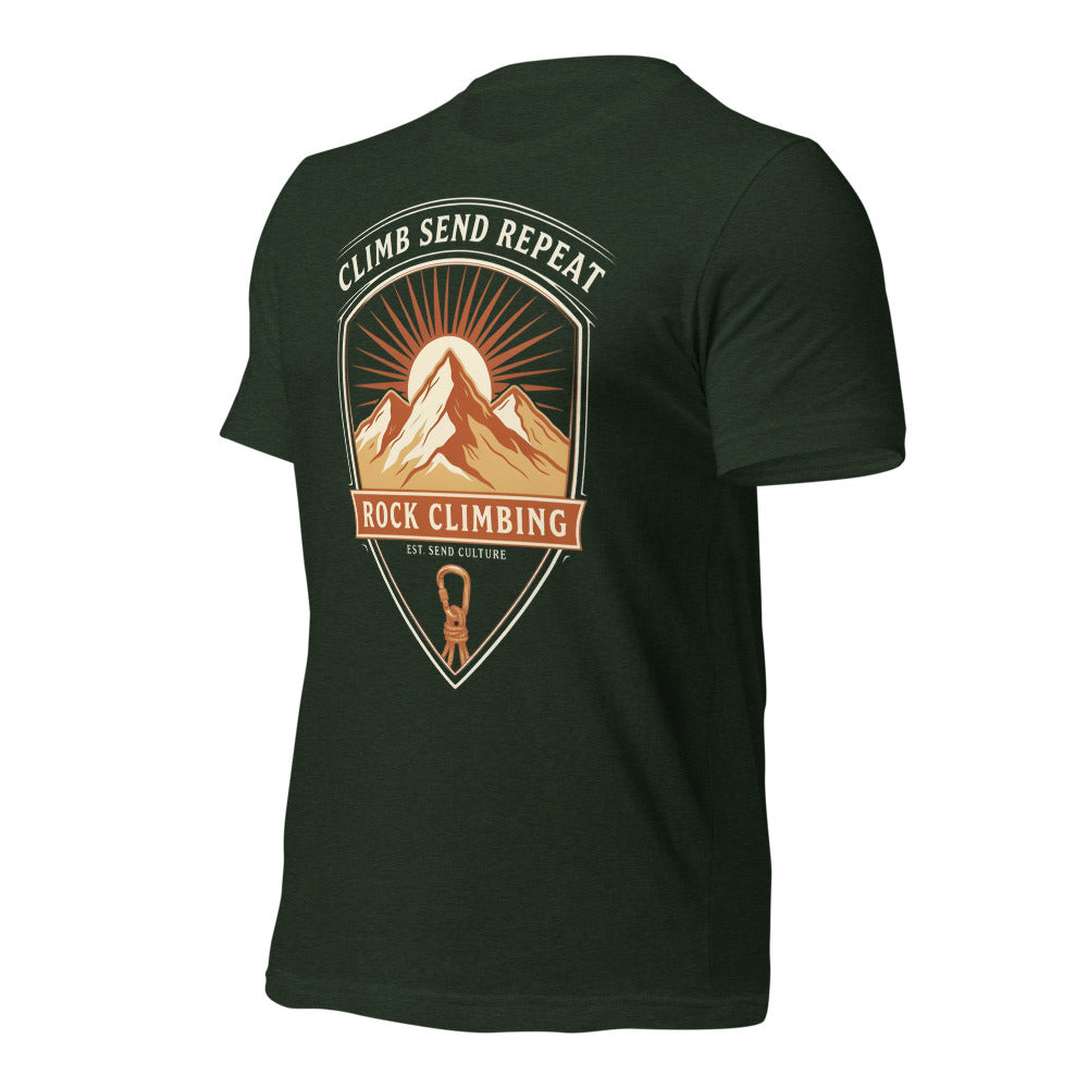 Climb Send Repeat mountaineering crest t-shirt — Heather Emerald, front-right