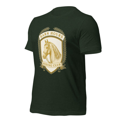 Barn Hours Riding Club vintage equestrian stable crest t-shirt — Heather Emerald, front-right