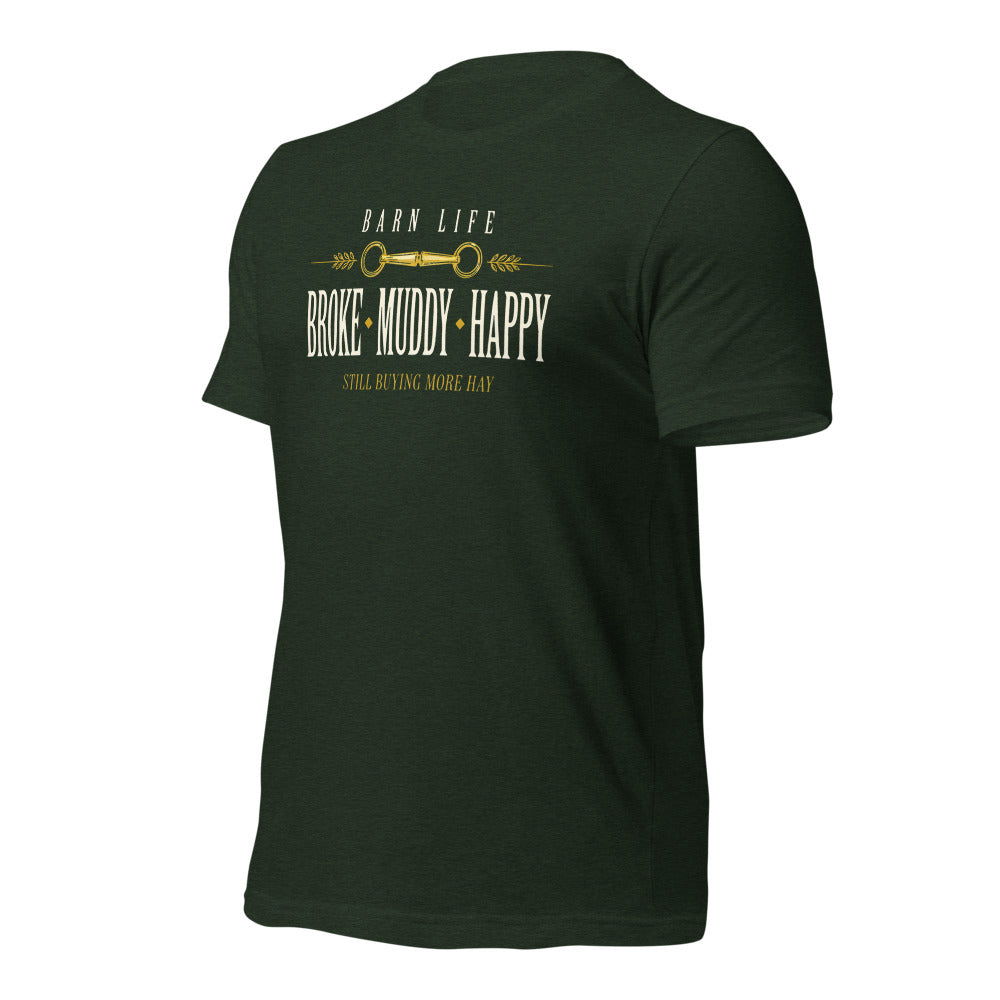 Broke Muddy Happy funny barn life equestrian t-shirt — Heather Emerald, front-right