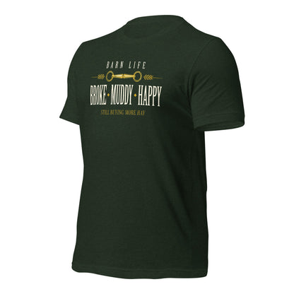 Broke Muddy Happy funny barn life equestrian t-shirt — Heather Emerald, front-right