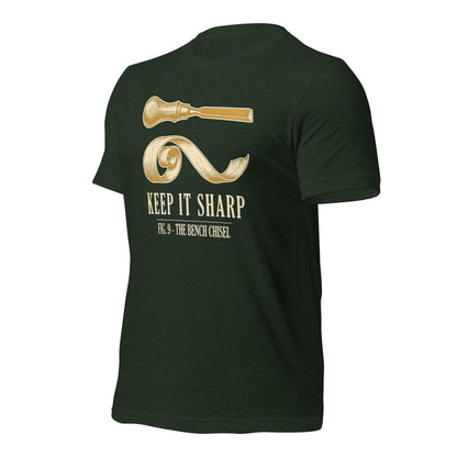Keep It Sharp woodworking tee — Heather Emerald, front-right