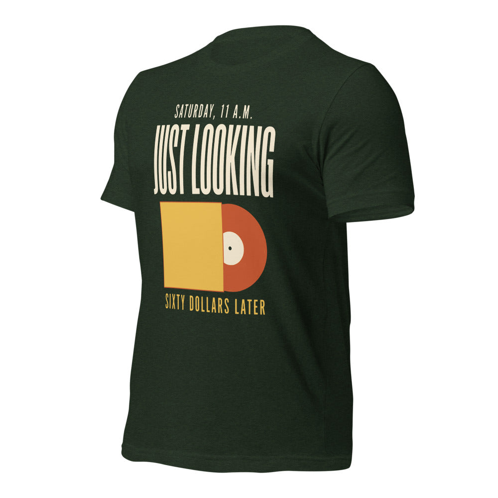 Just Looking Sixty Dollars Later vinyl record tee — Heather Emerald, front-right