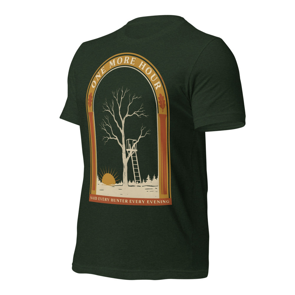 One More Hour funny deer hunting tee — Heather Emerald, front-right