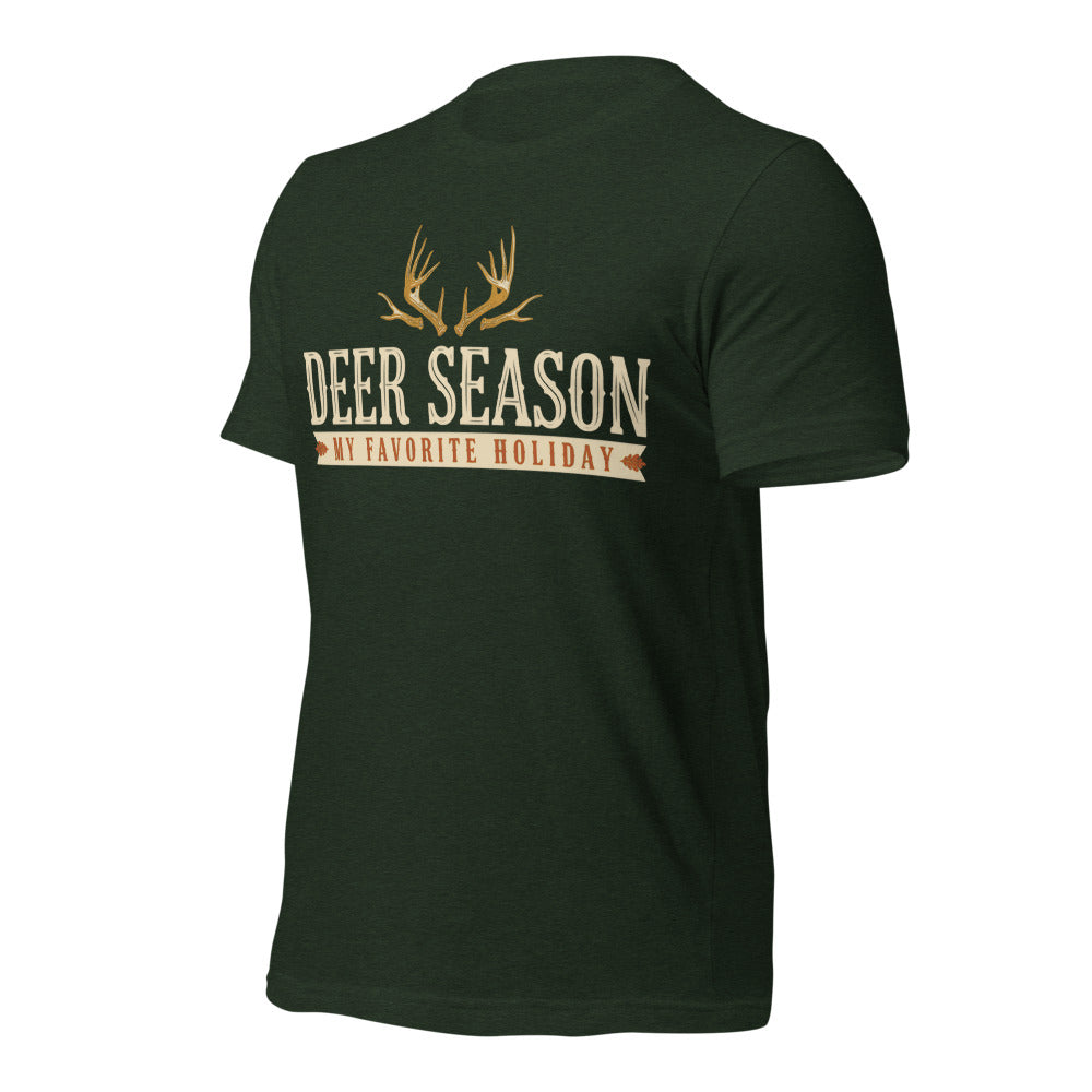 Deer Season My Favorite Holiday deer hunting tee — Heather Emerald, front-right