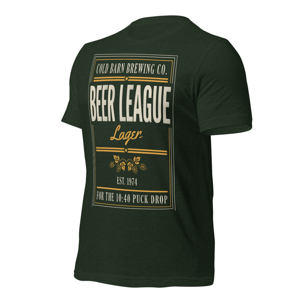 Beer League Cold Barn Brewing lager t-shirt — Heather Emerald, front-right