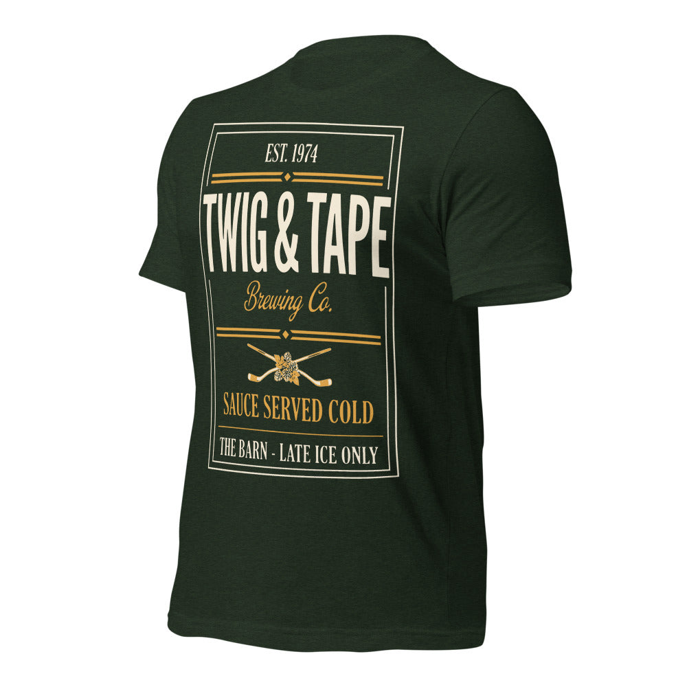 Twig and Tape Brewing Co. beer league hockey t-shirt — Heather Emerald, front-right
