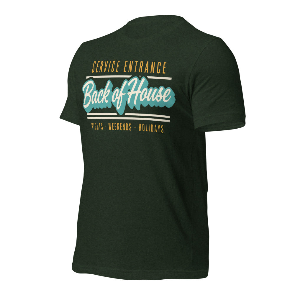 Line Cook Back of House retro diner service sign t-shirt — Heather Emerald, front-right