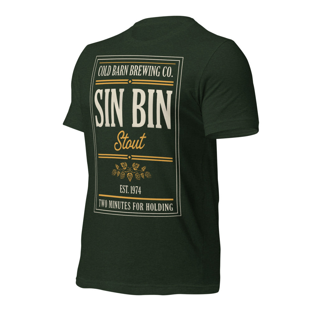 Beer League Sin Bin Stout brewery label t-shirt — Heather Emerald, front-right