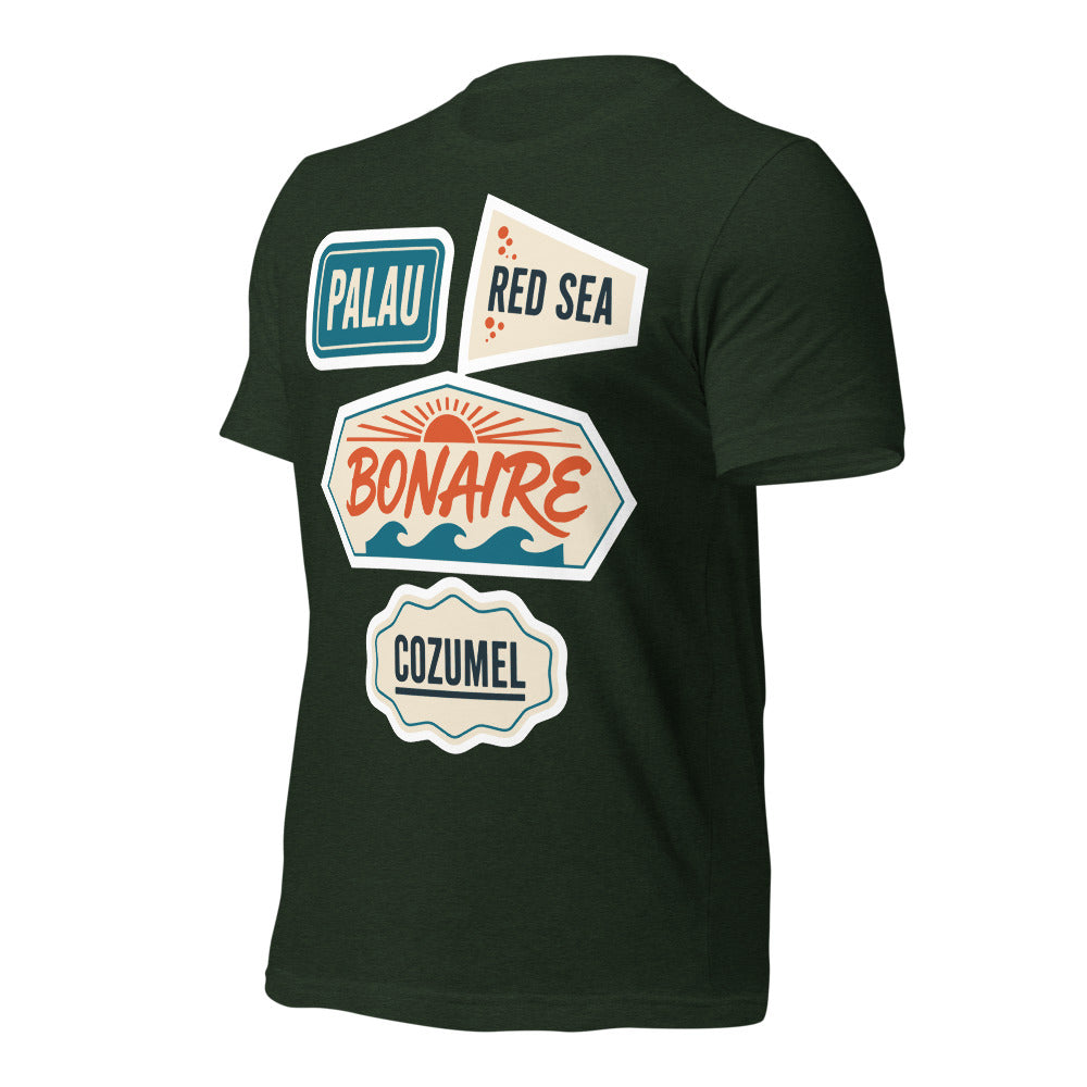 Vintage scuba diving dive sites travel decal t-shirt — Heather Emerald, front-right