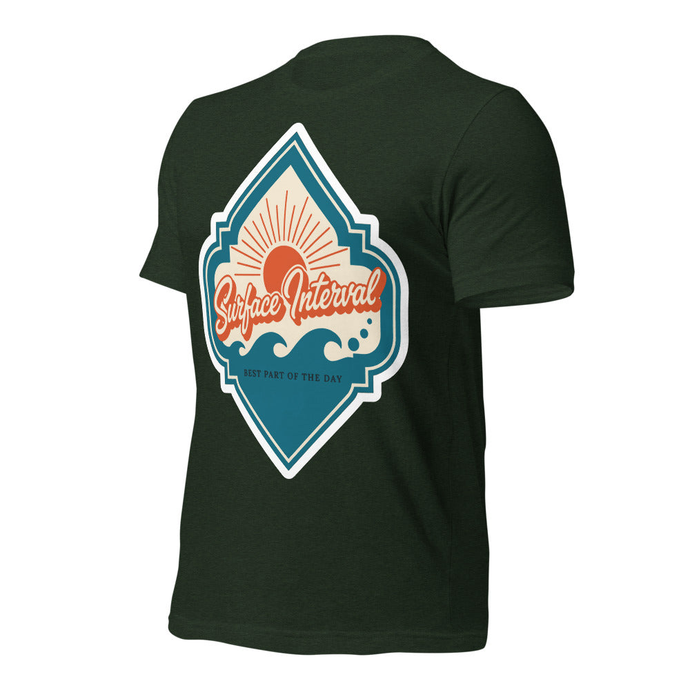 Surface Interval vintage scuba diving travel decal t-shirt — Heather Emerald, front-right