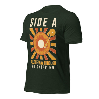 Side A No Skipping vinyl record tee — Heather Emerald, front-right