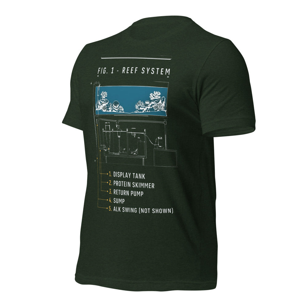 Reef System technical cutaway saltwater aquarium t-shirt — Heather Emerald, front-right