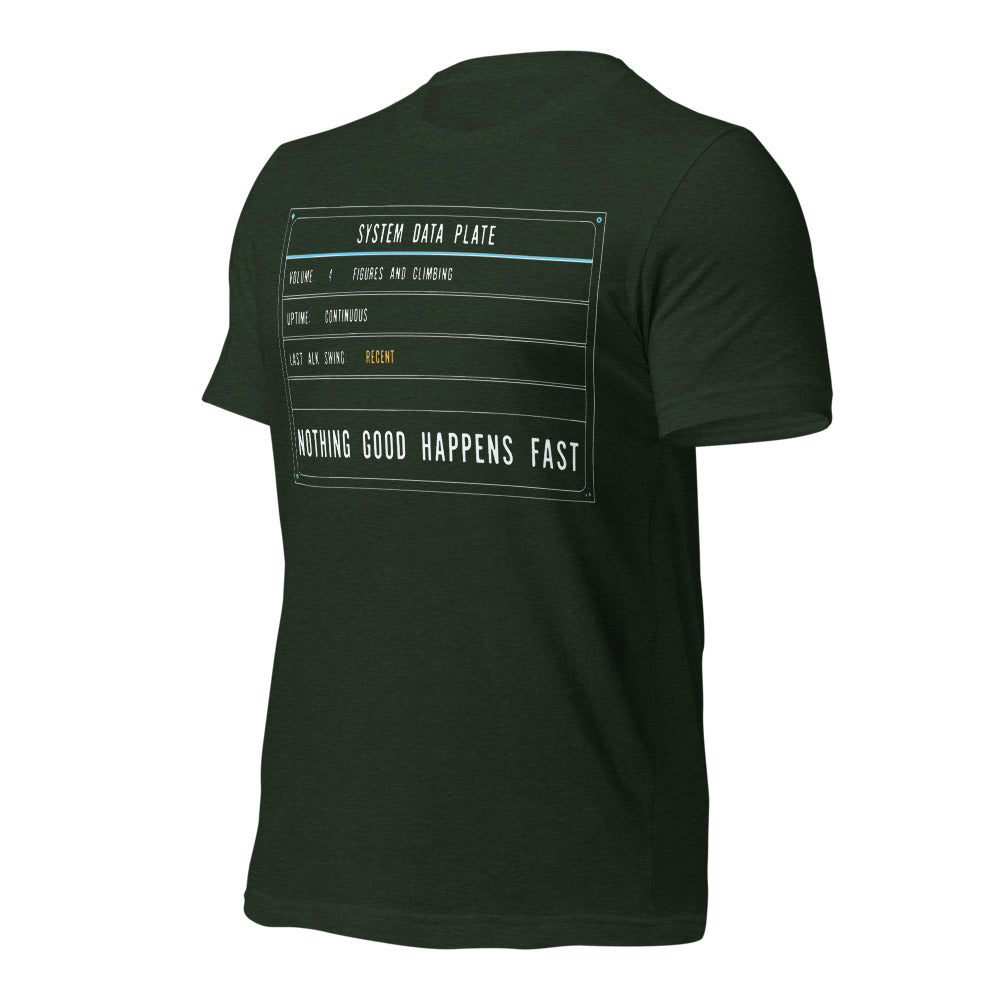 Nothing Good Happens Fast reef system data plate saltwater aquarium t-shirt — Heather Emerald, front-right