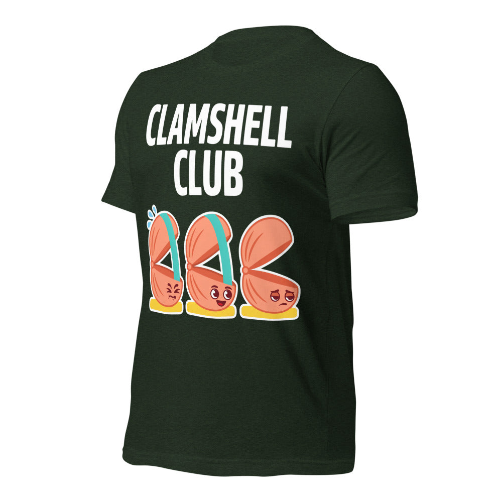 Clamshell Club funny physical therapy tee — Heather Emerald, front-right
