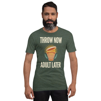 Throw Now Adult Later disc golf retro tee on model — Heather Forest