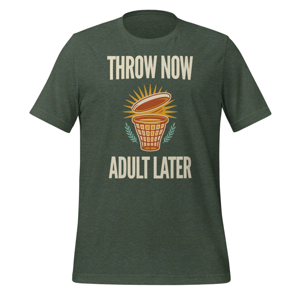 Funny disc golf shirt, Throw Now Adult Later disc golf retro tee — Heather Forest, front