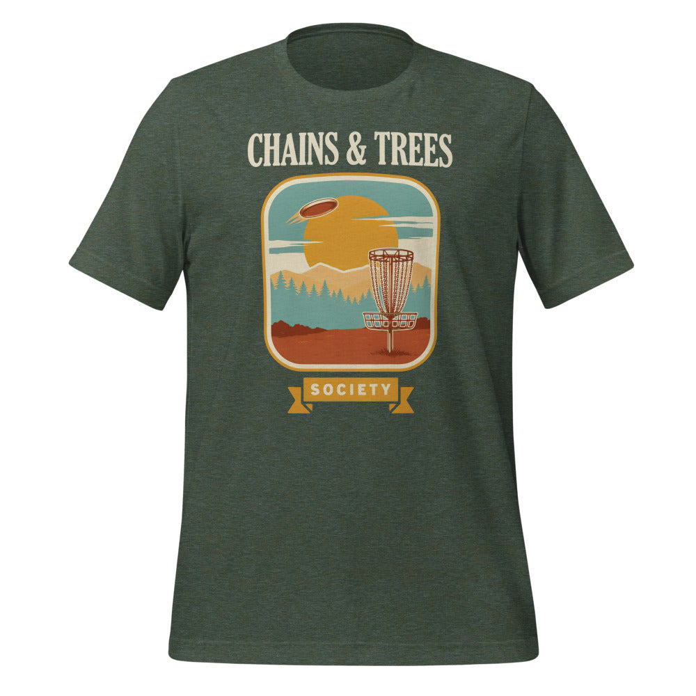 Chains & Trees Society disc golf retro landscape tee — Heather Forest, front