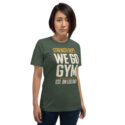 We Go Gym vintage athletic gym tee — Heather Forest, model
