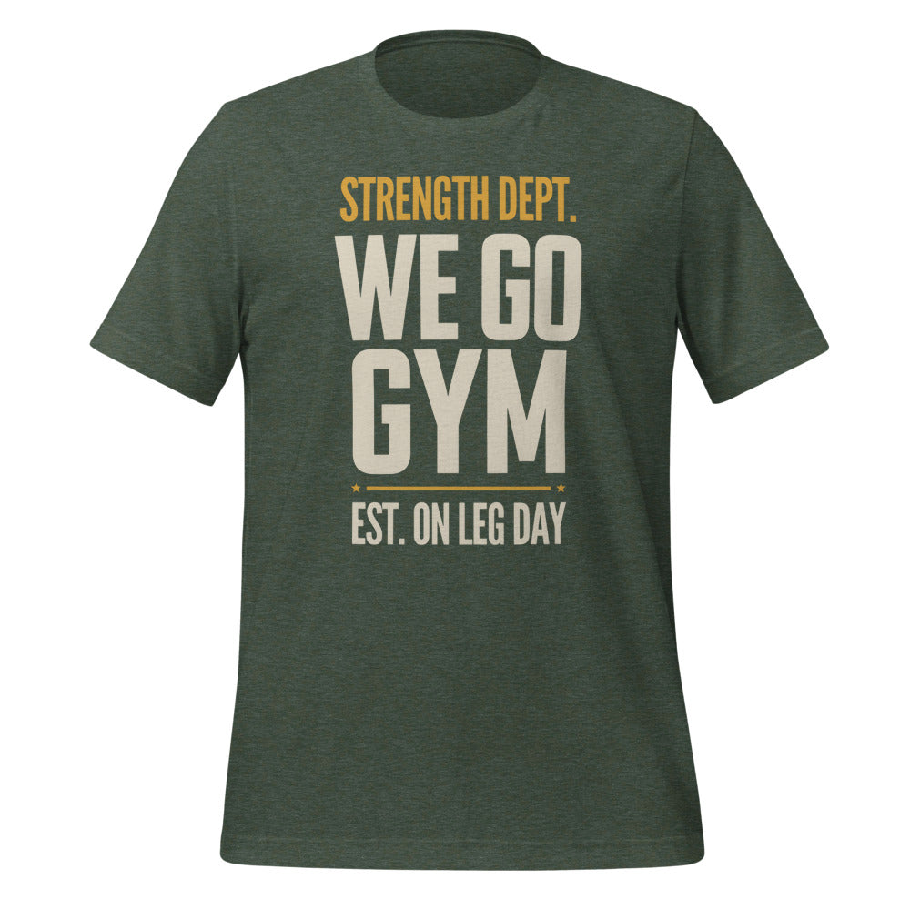 We Go Gym vintage athletic gym tee — Heather Forest, front