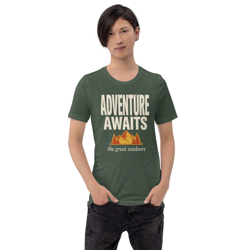 Adventure Awaits retro outdoors typography tee — Heather Forest, on model