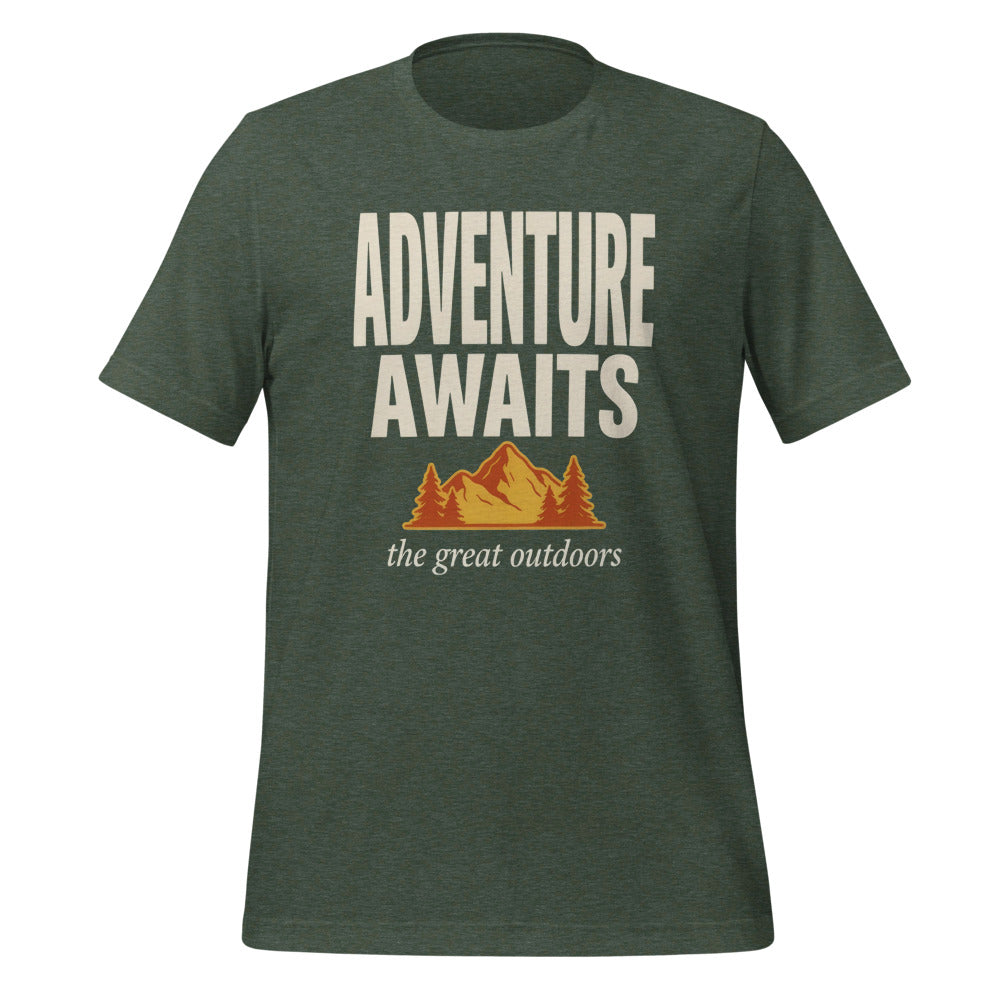 Adventure Awaits retro outdoors typography tee — Heather Forest, front