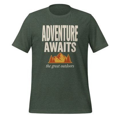 Adventure Awaits retro outdoors typography tee — Heather Forest, front