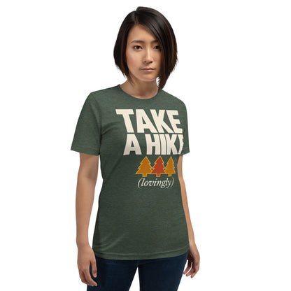 Take a Hike retro outdoors humor typography tee — Heather Forest, on model