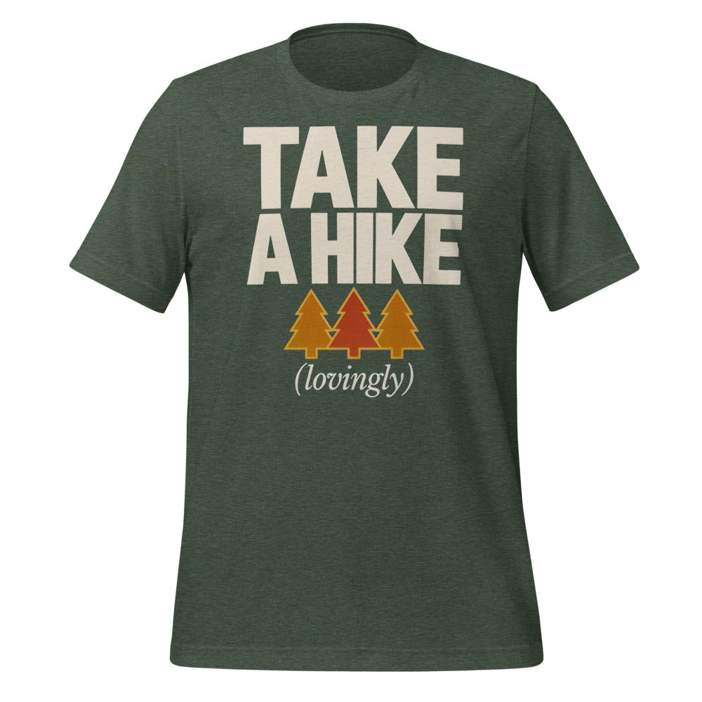 Take a Hike retro outdoors humor typography tee — Heather Forest, front