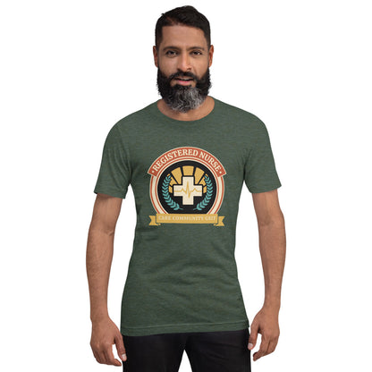 Registered Nurse vintage healthcare emblem badge tee — Heather Forest, on model