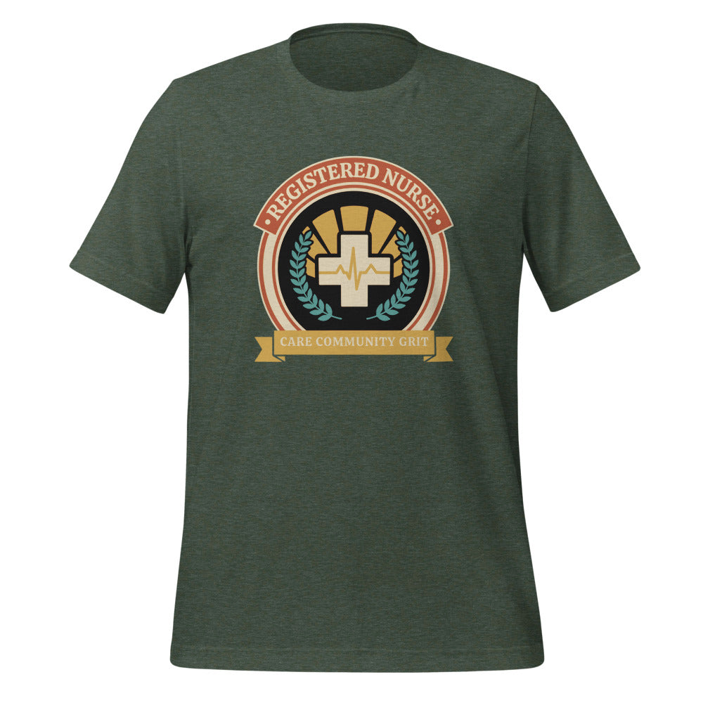 Registered Nurse vintage healthcare emblem badge tee — Heather Forest, front