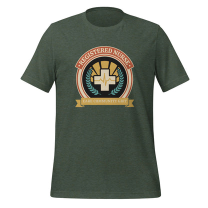 Registered Nurse vintage healthcare emblem badge tee — Heather Forest, front