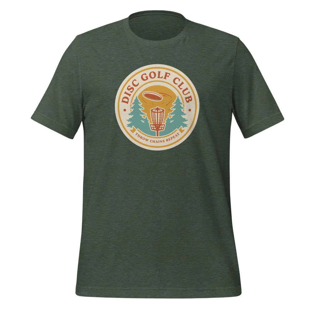 Disc Golf Club retro badge tee — Heather Forest, front