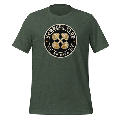 Barbell Club No Days Off vintage gym tee — Heather Forest, front