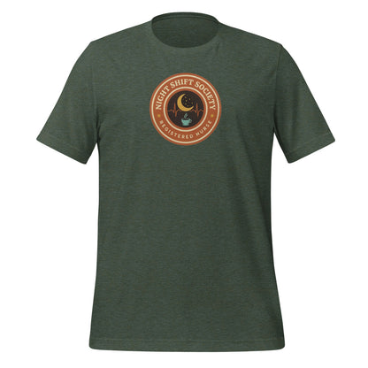 Night Shift Society retro registered nurse badge tee — Heather Forest, front