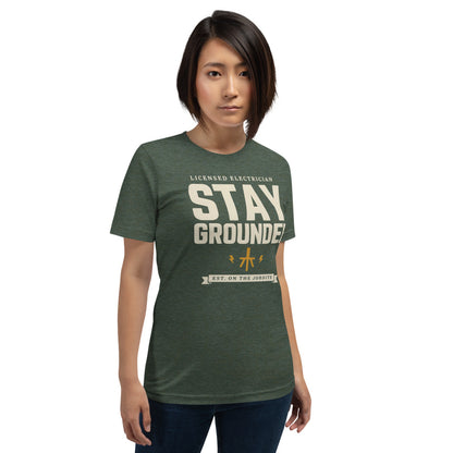 Stay Grounded funny electrician tee — Heather Forest, on model